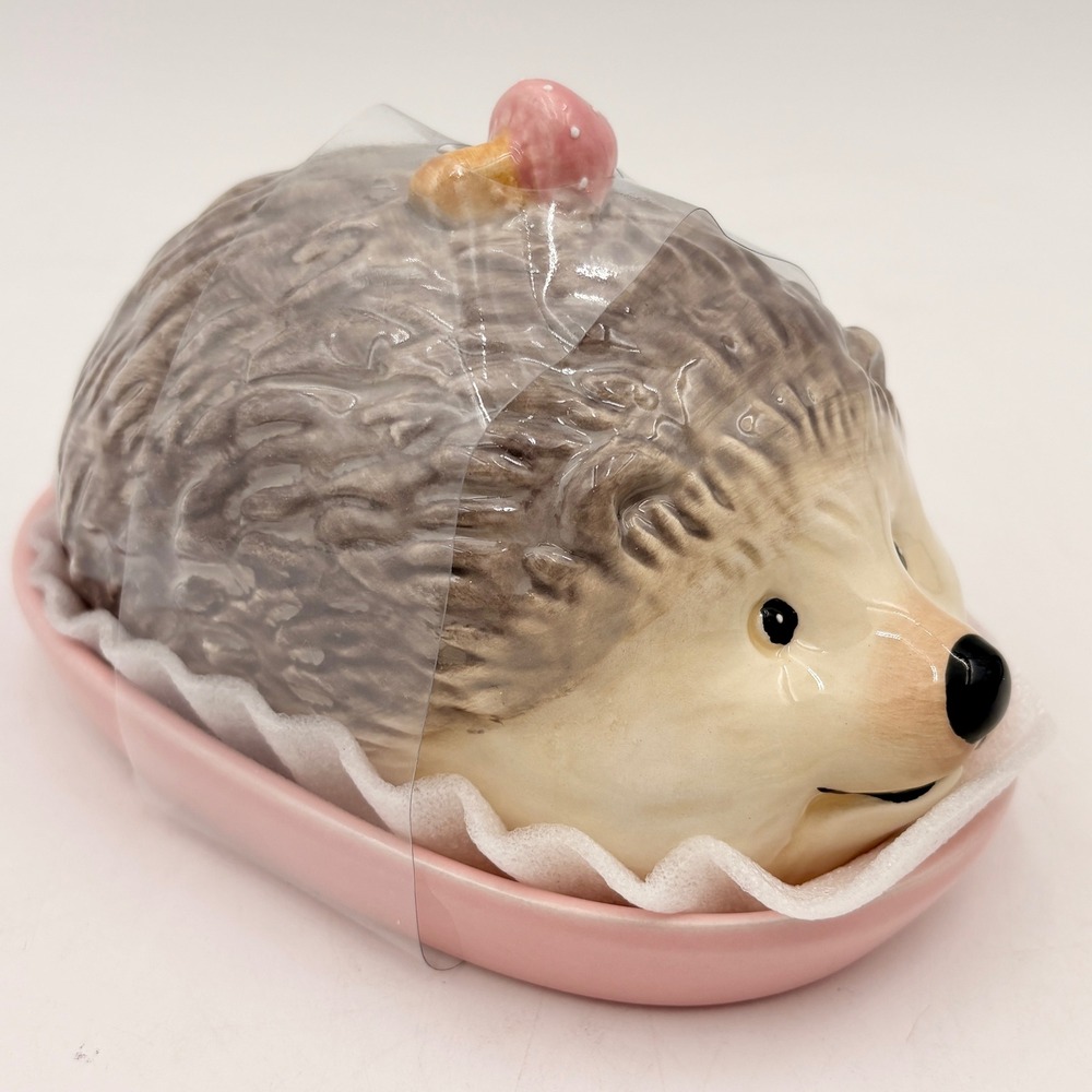 Potter's Studio Ceramic Hedgehog Butter Dish Pink Mushroom Woodland Cottagecore